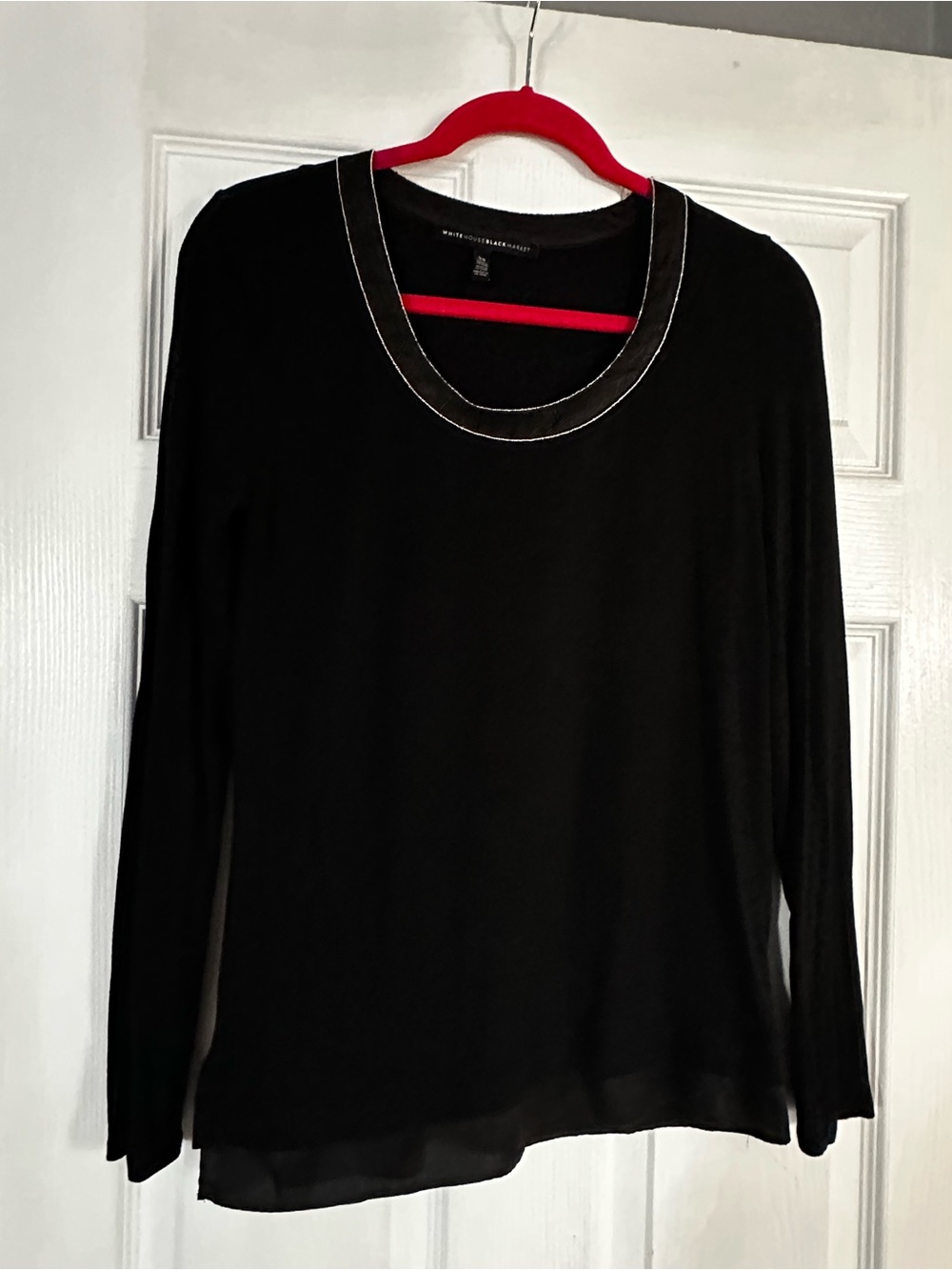 White House Black Market Black Long-Sleeve Top with Embellished Neckline